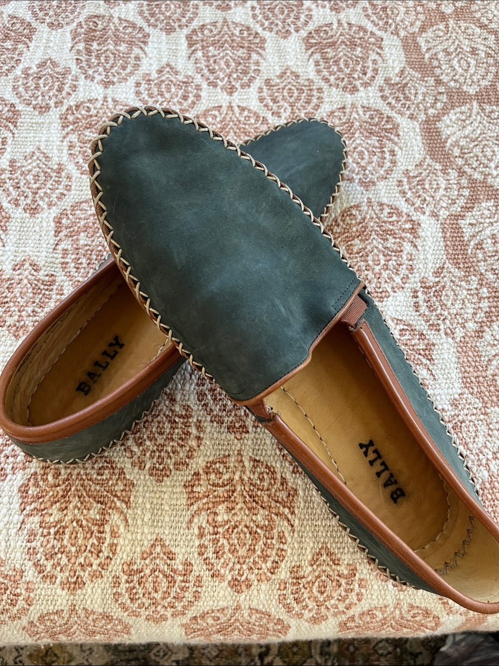 Bally Dark Slate Green Leather Slip-On Moccasins with Brown Trim